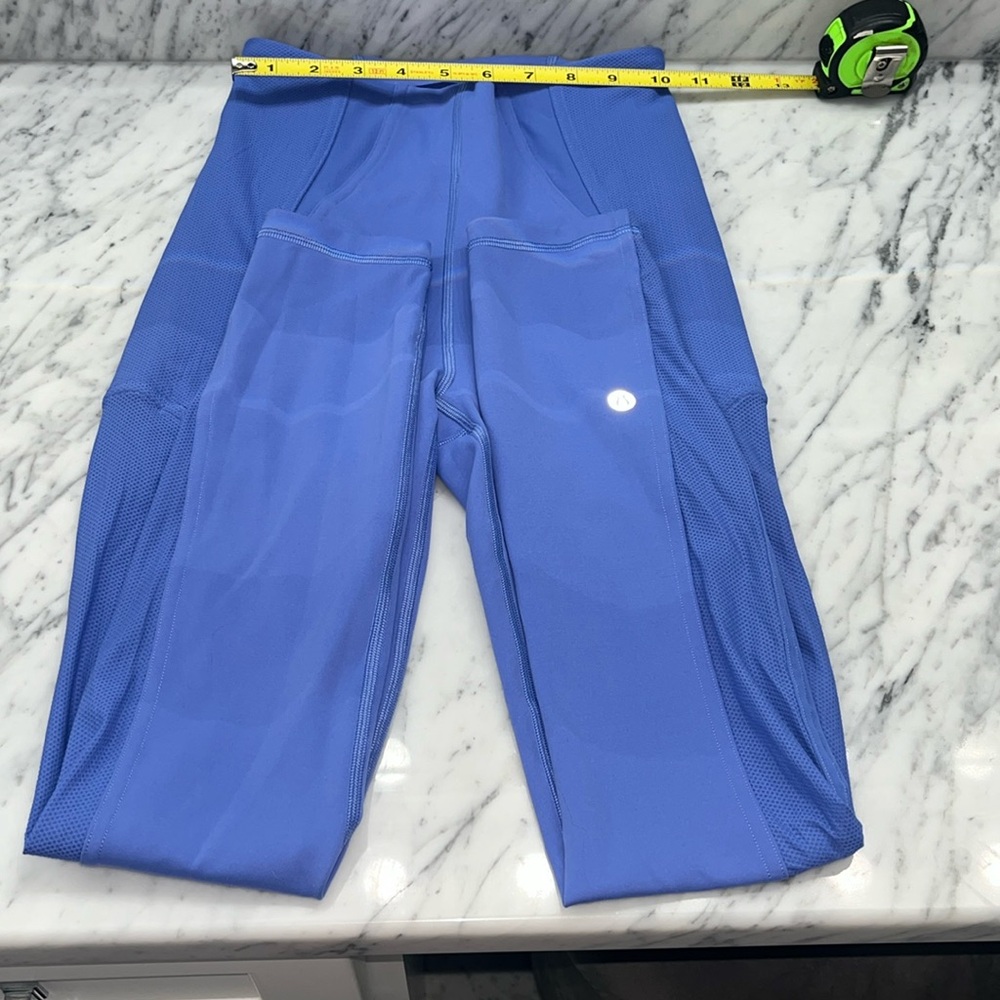 Lululemon leggings, periwinkle, color, mesh panel up to hip size 4, 25”